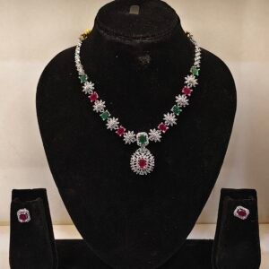 sparkling diamond CZ necklace set with green and ruby stones