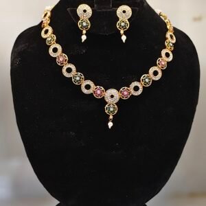gold-plated Kundan choker necklace set with ruby, emerald, and American Diamond (AD) accents