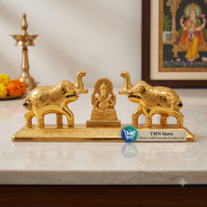 Gold Plated Lord Ganesha Idol with Twin Royal Elephants on Engraved Pedestal Stand – Auspicious Vastu Murti for Mandir, Car Dashboard & Return Gifts