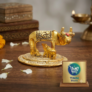 Gold Plated Kamadhenu Cow and Calf Idol on Embossed Oval Base – Sacred Vastu Gau Mata Murti for Pooja Mandir, Car Dashboard & Return Gifts