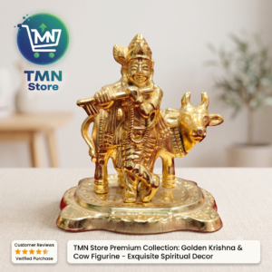 Divine Golden Lord Krishna with Kamadhenu Cow Idol / Murti