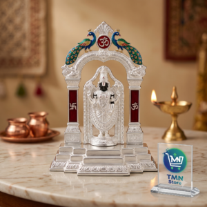Silver Plated Lord Venkateswara Balaji Idol with Colorful Meenakari Temple Arch & Peacock Finial – Divine Car Dashboard, Mandir Murti & Return Gifts