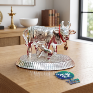 Silver Plated Kamadhenu Cow and Calf Idol with Engraved Lord Ganesha on Textured Oval Base – Sacred Vastu Gau Mata Murti for Pooja Mandir, Car Dashboard & Return Gifts