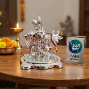 Silver Plated Lord Krishna with Kamadhenu Cow Idol on Carved Pedestal Base – Divine Venugopala Murti for Pooja Mandir, Home Decor, Car Dashboard & Return Gifts
