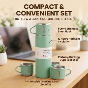 Vacuum Bottle 500ml Bottle Set with 2 Cups, Hot & Cold Insulated (SAGA Green)